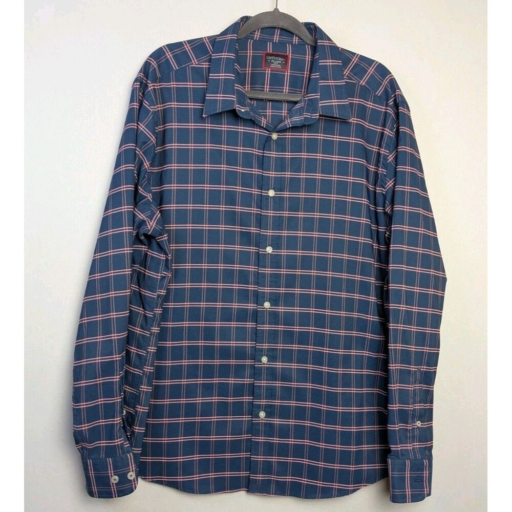 UNTUCKit Mens Tayson Slim Fit Plaid Button Down Shirt XXL Navy Blue Performance